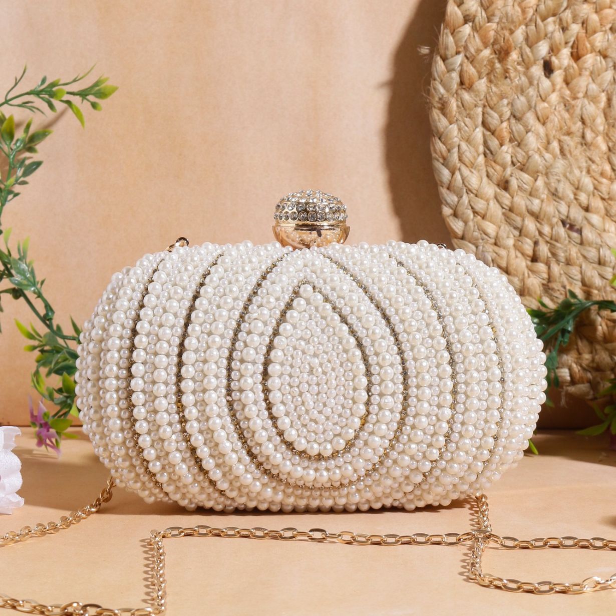 White Pearl Bead Embroidery Party Clutch Bag for Women