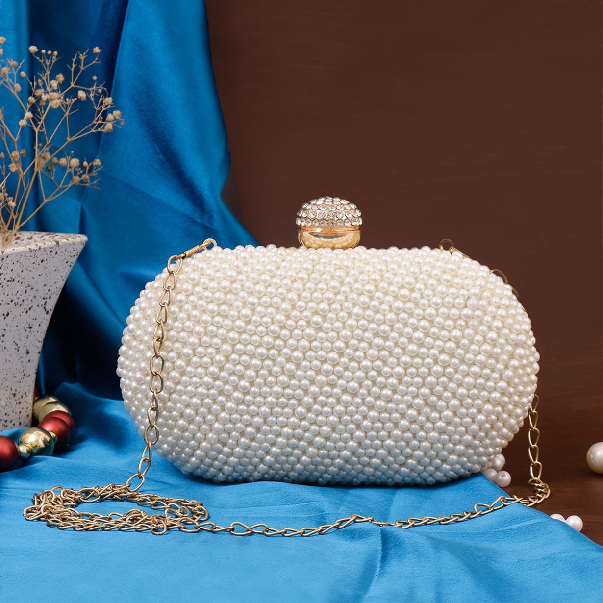 White Pearl Bead Embroidery Party Clutch Bag for Women