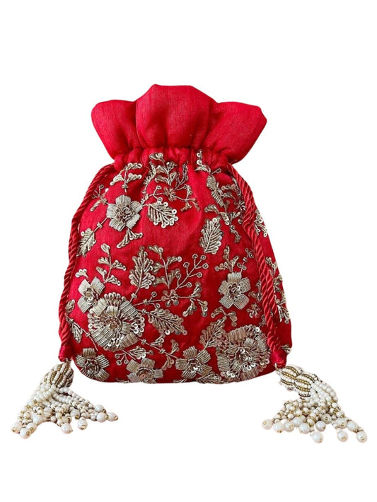 Red Silk Zardozi Embroidery Wedding Potli Bag