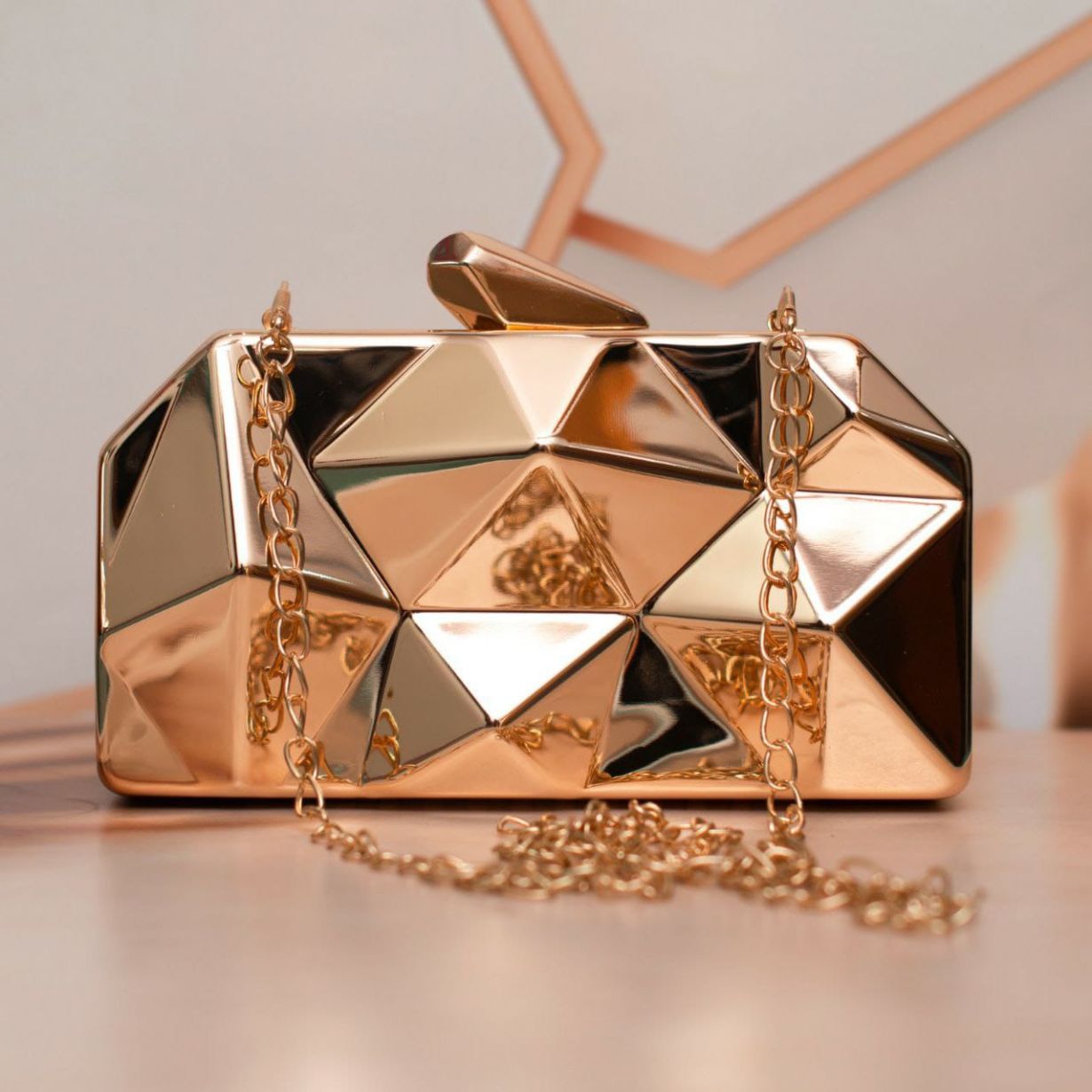 Golden Metal Geometry 3D Clutch Bag