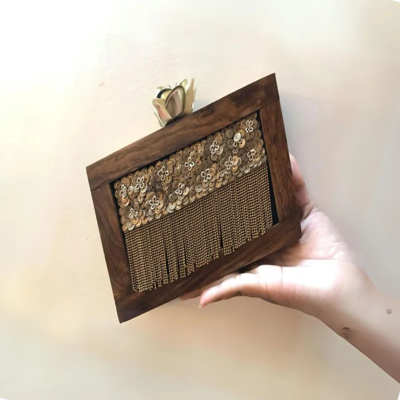 Golden Wooden Handembroidery Ethnic Party Sling Clutch Bag