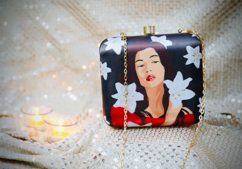 Lovely White Flower with black Background Clutch Bag